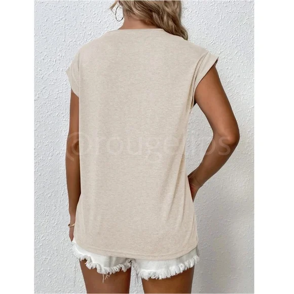 Beige Crew Neck Muscle Tee Top Shirt Cap Sleeve, Round Neck - Picture 2 of 11